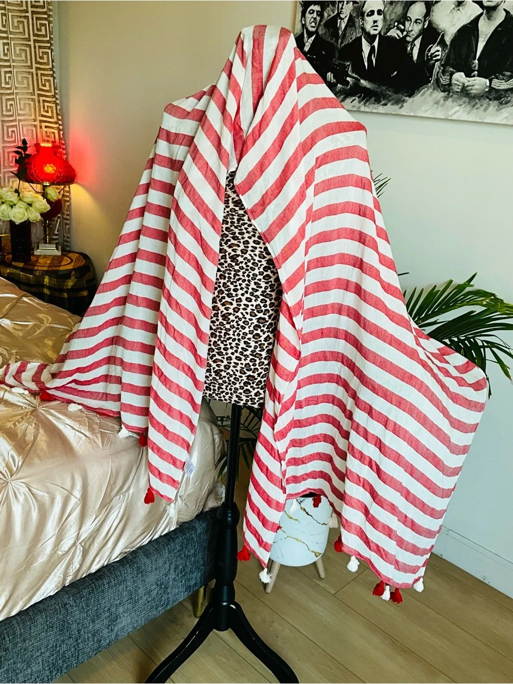 Faded Glory Red and White Striped Tassel Scarf